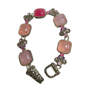 Bracelet, Coral Pink, Hot Pink Cabochons, Silvertone, links